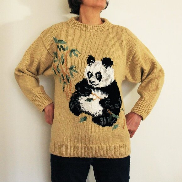 Vintage Sweaters - Vintage Handknit Panda Chunky Knit Sweater Tan Crew Neck Oversized Medium